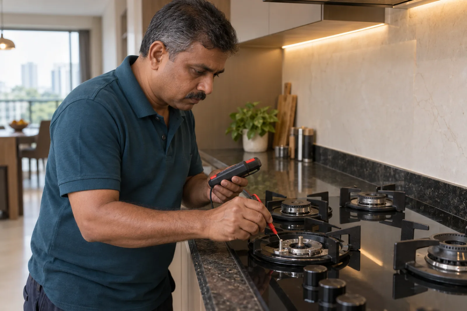 Technician servicing a built-in gas hob